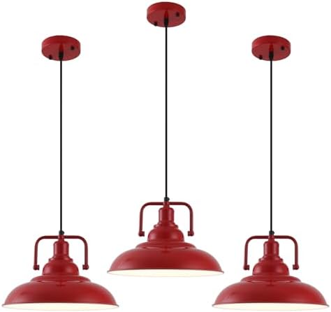 Red Farmhouse Pendant Lights 3 Packs, Metal Pendant Lights Kitchen Island, Industrial Pendant Light, Hanging Island Pendant Light, Barn Light for Kitchen, Living Room, Bedroom, Hallway by SESIMENTLogoGoboProjector