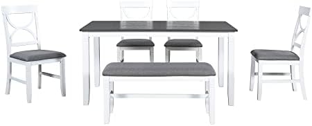 Farmhouse 6-Piece Dining Table Set, Wood Kitchen Dining Room Table Set with Upholstered Bench and 4 Dining Chairs, 60'' Rectangle Dining Table with Decoration Legs, Perfect for Family (White-K) - Image 7