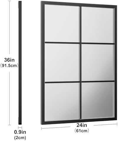 Dewfig Rectangle Wall Mirror, 36"x24" Metal Frame Windowpane Mirror, Black - Image 6