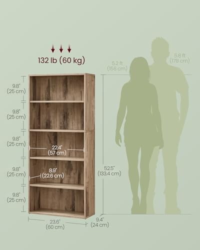 VASAGLE 5-Tier Bookshelf, Storage Organizer, 23.6 x 9.4 x 52.8 Inches - Image 3