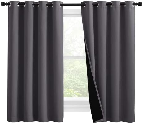 NICETOWN 100% Blackout Curtains with Black Liners, Thermal Insulated Full Blackout 2-Layer Lined Drapes, Noise Cancellation Window Draperies for Dining Room (Grey, 2 Panels, 55-inch W by 57-inch L) by NICETOWN