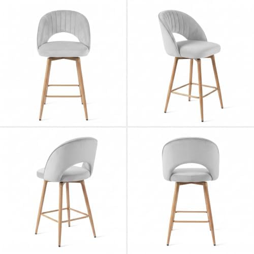 Swivel Bar Stools Set of 4, Counter Height Barstools for Kitchen Island, 26" Seat Height Bar Chairs for Dining Room, Velvet Upholstered Bar Stool with Back and Footrest, Gray - Image 5