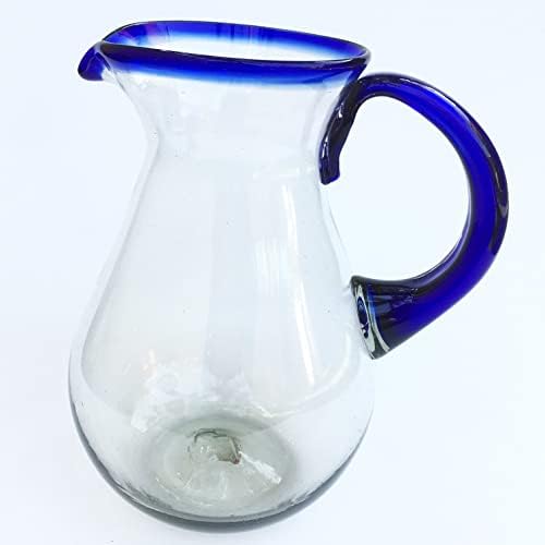 Cobalt Blue Rim 84 oz Tall Pear Pitcher, Recycled Glass, Lead-free, Toxin-Free (Pitcher) by MexHandcraft