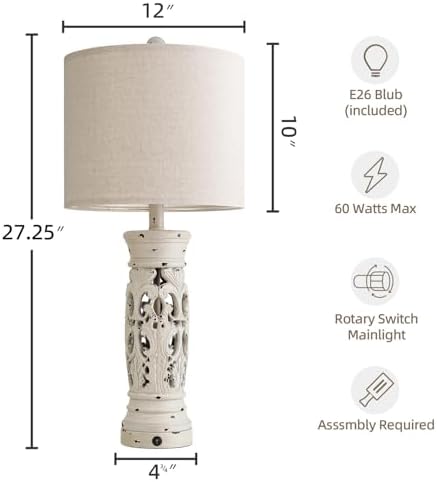 27.25" Farmhouse Lamp with Night Light, Rustic Table Lamps Set of 2, White - Image 5