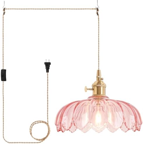 Shenmoyl Plug in Pendant Light Hanging Light Fixtures with Plugin Cord On/Off Switch,Pink Scindapsus Glass Lampshade Brass Pendant Light by Shenmoyl