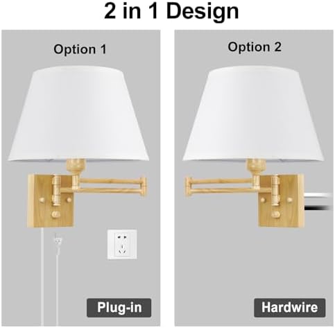TRLIFE Dimmable Wall Sconce Plug in, Wall Sconces Set of 2 Swing Arm Wall Lights with Plug in Cord and Dimmer On/Off Knob Switch, 11.8" Large White Fabric Shade(2 LED Bulbs Included, Oak Color) - Image 6