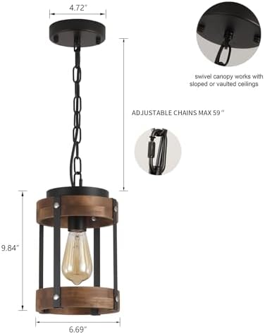 2 Pack Rustic Farmhouse Wood Pendant Light Fixture One-Light Adjustable Chain Oak Wood and Metal Drum Cage Small Pendant Lighting for Kitchen Island Sink Hallway Farmhouse Bathroom Bar, Black - Image 4