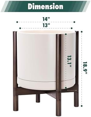 D'vine Dev Ceramic Pot with Walnut Wood Stand, Oatmeal, 14 in, 55-B-T-8 - Image 3