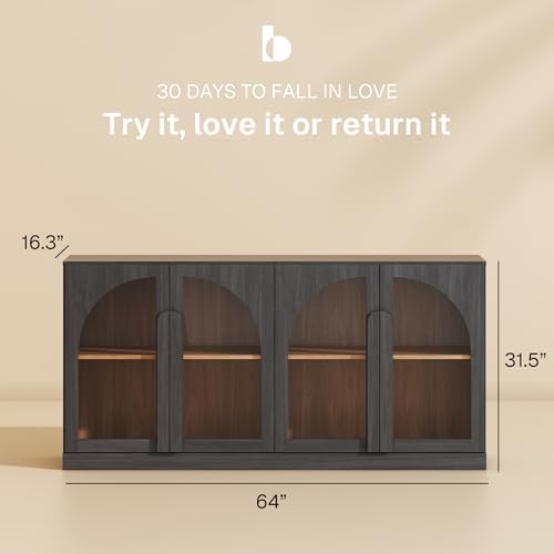 BELLEZE Set of 2 Bijou 64" Modern Buffet Sideboard, Mid-Century Arched Glass Door Cabinet, Wood Grain Storage Console for Living Room, Kitchen, Entryway - Ebony - Image 2