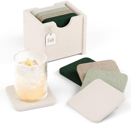Fluxynara Felt Coasters with Holder, Set of 8 for Drinks, Nordic Moss by FLUXYNARA