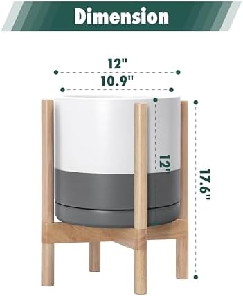 D'vine Dev Ceramic Pot with Natural Wood Stand, White/Grey, 12 in, 55-B-J-6 - Image 3