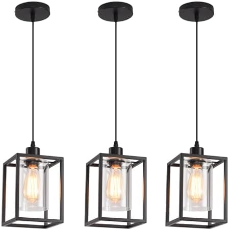 3 Pack Black Pendant Lights for Kitchen Island Industrial Lantern Pendant Light Fixtures with Clear Glass Shade, Farmhouse Adjustable Height Hanging Pendant Lighting for Dining Room by AOJUNSANSAN