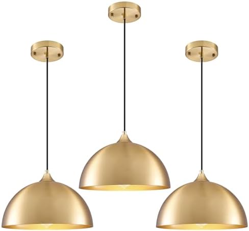 Gold Pendant Light 11.8", Industrial Dome Pendant Lights with Gold Interior, Adjustable Farmhouse Hanging Light for Kitchen Island Dining Room Bedroom Restaurant, 3 Pack by PINDODO