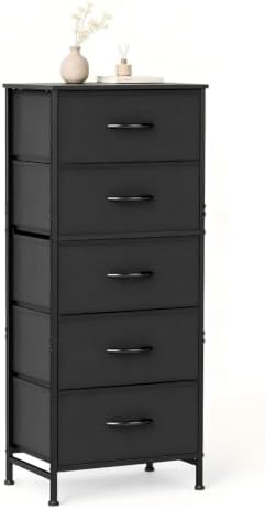 DUMOS Nightstand with 5 Drawers, Bedside Table with Removable Fabric Bins, Sturdy Steel Frame Wood Top Skinny Dresser for Bedroom Closet Living Room, Black by DumosLifestyle