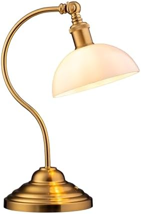O'Bright Bankers - Cordless LED Table Lamp, Battery-Operated, Rechargeable, 3-Level Dimming, Universal USB-C Charging, 180° Swivel Head, White Jade Glass Shade, Antique Brass by OBright