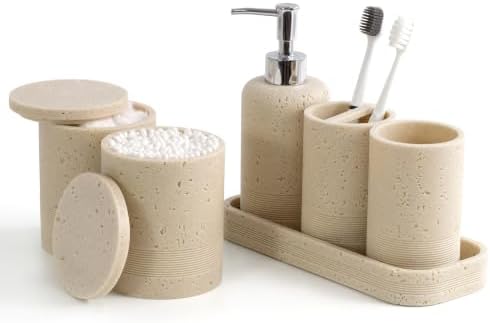 Bathroom Accessories Set, 6-Piece Bathroom Accessory Set, Toothbrush Holders Set, Soap Dispenser, Vanity Tray, Tumbler, Cotton Swab Jars, Bathroom Organizer for Modern Bathrooms,Faux Travertine by YMXYJM