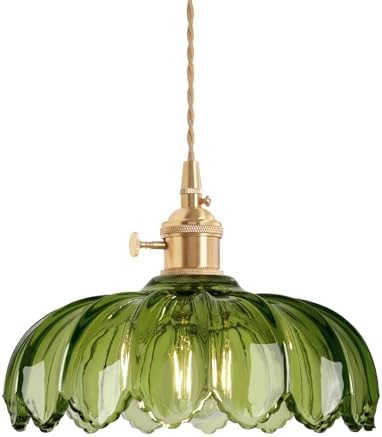 Shenmoyl Pendant Light with Green Scindapsus Glass Lmapshade, Brass Vintage Pendant Light Adjustable Hanging Light for Kitchen Island Dining Room Hallway by Shenmoyl