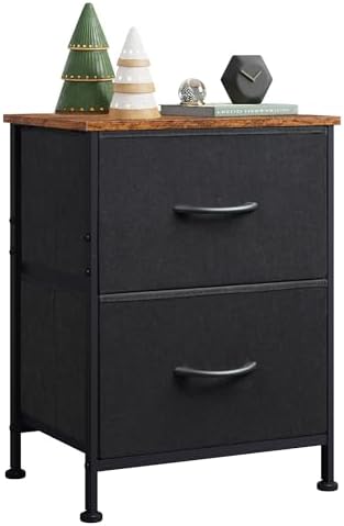 WLIVE Nightstand, 2 Drawer Dresser for Bedroom, Small Dresser with 2 Drawers, Bedside Furniture, Night Stand, End Table with Fabric Bins for Bedroom, Closet, Entryway, Black and Rustic Brown by WLIVE