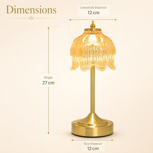 Lotus Flower Table Lamp, Cordless Rechargeable Amber Glass Bedside Lamp | 3600mAh Battery, Touch Control, 3 Color Modes & Stepless Dimming for Bedroom, Nightstand Golden 1PC - Image 4