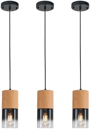 3-Pack Modern Pendant Lights for Kitchen Island, Adjustable Black Pendant Light Fixtures with Raw Wood Grain, Industrial Glass Pendant Lights for Dining Table Hallway Bedroom Living Room by LINSEEDS