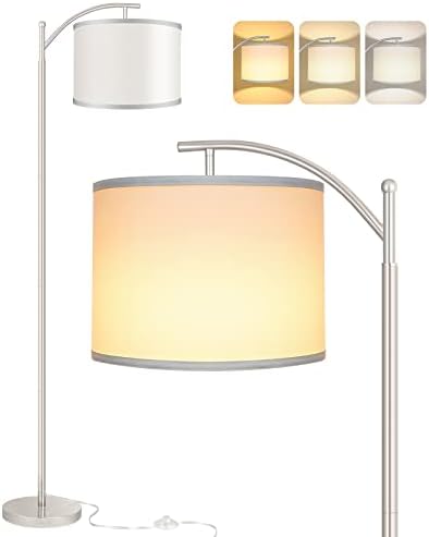 Floor Lamp for Living Room with 3 Color Temperatures LED Bulb, Standing Lamp Tall Industrial Floor Lamp Reading for Bedroom, Office (9W LED Bulb, White Lampshade Included) -Silver by ROTTOGOON