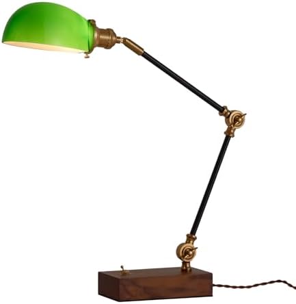 Vintage Green Glass Solid Wood BLack Gold Adjustable Swing Arm Desk Lamp by NUSRAN