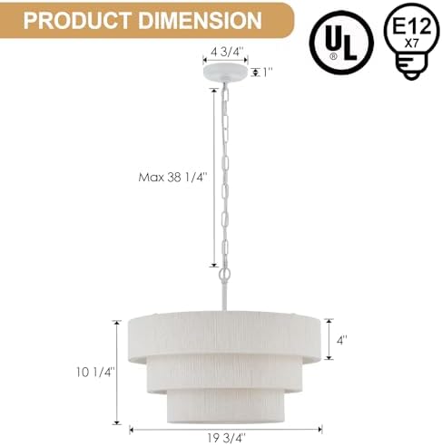 20” Boho Hand Woven Rattan Chandelier 3 Round Adjustable Coastal Pendant Light for Kitchen Island Dining Living Room, White, UL Listed - Image 6