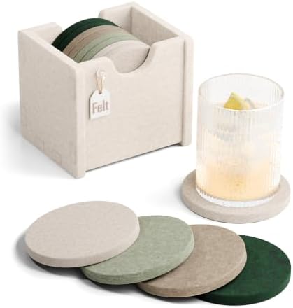 Fluxynara Felt Coasters with Holder, Set of 8 for Drinks, Nordic Moss by FLUXYNARA