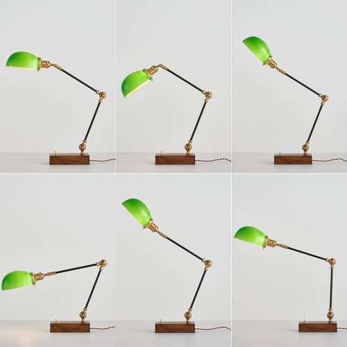 Vintage Green Glass Solid Wood BLack Gold Adjustable Swing Arm Desk Lamp - Image 5