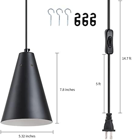 Black Plug In Pendant Light,Hanging Lights With Plug In Cord On/Off Switch, Mini Pendant Lights for Kitchen Island,Modern Farmhouse Pendant Light Fixture with Metal Shade,Hanging Lamps for Bedroom - Image 4