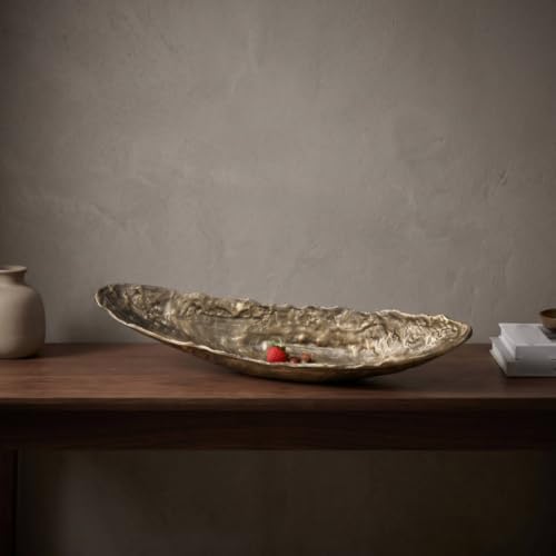 Decorative Serving Tray Cast Aluminum Artistic Centerpiece Multipurpose Bowl Long Boat Shape Textured Surface Suitable for Room, Bronze Gold, Small 520x140x100mm - Image 2