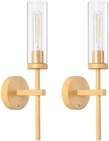 Shenmoyl Battery Operated Wall Sconces Set of 2, Beech Color Rechargeable Wall Lighting Fixtures, Dimmable Wall Lights with Remote & Clear Glass Shade for Living Room, Bathroom,Bedroom by Shenmoyl