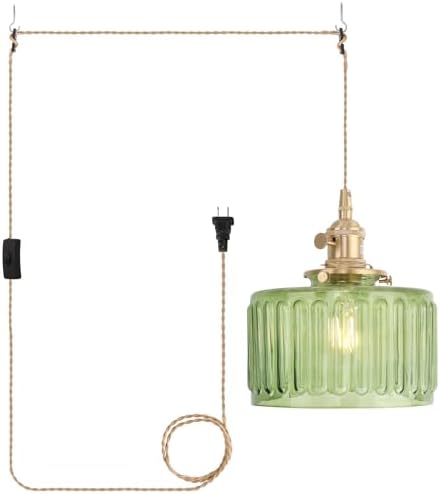 Shenmoyl Plug in Pendant Light Hanging Light Fixtures with Plugin Cord On/Off Switch,Green Striped Glass Lampshade Brass Pendant Light by Shenmoyl