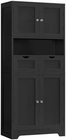 Iwell 57.8" H Tall Storage Cabinet with 2 Drawers & 2 Adjustable Shelves, Kitchen Cabinet with 4 Doors, Tall Cabinet for Living Room, Dining Room, Entryway, Black by IWELL