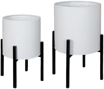 ARNIS Modern Plant Pots, Set of 2 Large Planters with Stand, Decorative Planters, Metal Pots with Drainage Holes for Living Room, Office, Garden or Balcony, 8.25 &10.5 Inch, White - Image 3