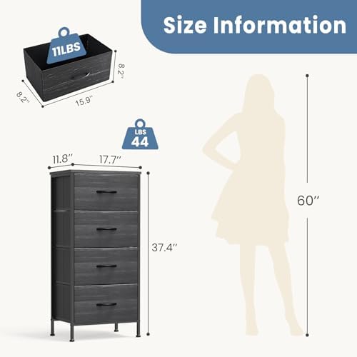 DUMOS Nightstand with 4 Drawers Bedside Table with Removable Fabric Bins Sturdy Steel Frame Wood Top Organizer Furniture for Bedroom Closet Living Room,Black Wood Grain - Image 3