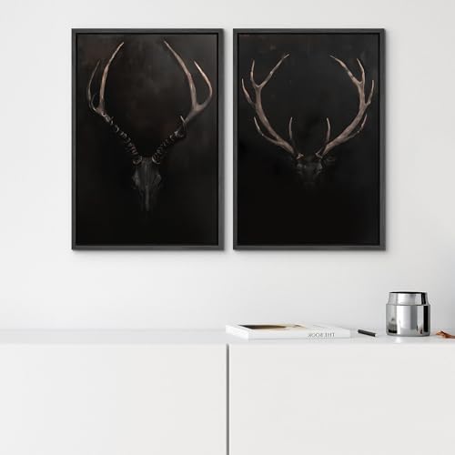 SIGNWIN Framed Canvas Print Wall Art Rustic Antler Skull Dark Dramatic Black Vintage-Inspired Deer and Elk Antlers Illustrations Decorative for Living Room, Bedroom, Office - 16"" x24 x2 Black - Image 4