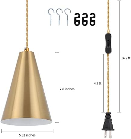 Gold Plug In Pendant Light,Hanging Lights With Plug In Cord On/Off Switch, Mini Brass Pendant Lights for Kitchen Island,Modern Chandeliers Light Fixture with Metal Shade,Hanging Lamps for Bedroom - Image 4