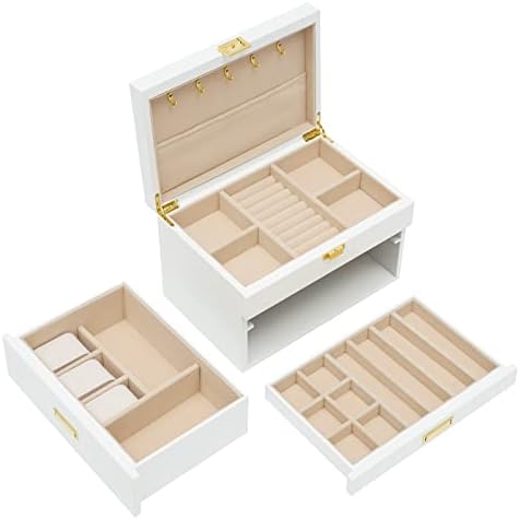 3 Layers Jewelry Storage Box with 2 Drawers, Large Wooden Jewelry Box for Women and Girls Necklace Ring Watch Organizer, White - Image 4