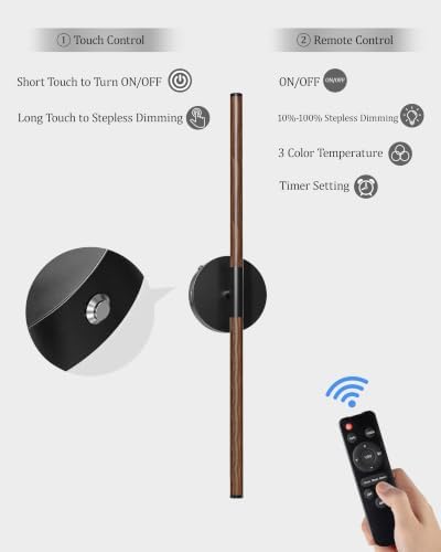 40" Battery Operated Wall Sconce Set of 2, 350° Rotating Lamp, Walnut Black - Image 6