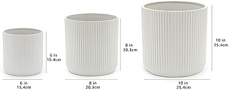 Amazon Basics Fluted Ceramic Planters for Indoor Outdoor Plants, Round Flower Pots with Drainage Hole, Set of 3, 6 inch, 8 inch, 10 inch, White - Image 6