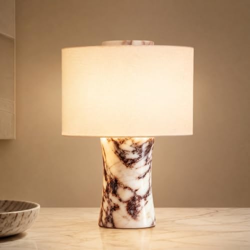 WMK Marble Lamp Cordless, Rechargeable Marble Touch Lamp with 3 Color, Linen Lampshade Stepless Dimming, Luxury Natural Calacatta Viola Stone Table Lamp for Bedroom, Living Room & Office(Dual Light) by WMK