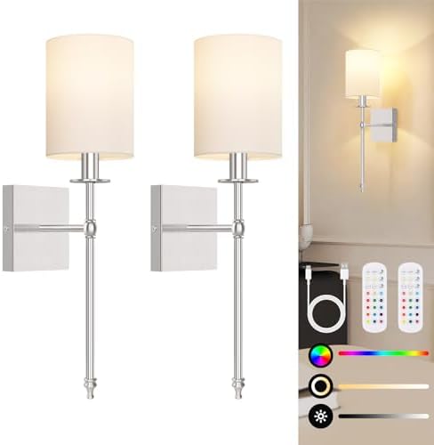 19 Inch Battery Operated Wall Sconces Set of 2 with Remote, Brushed Nickel Rechargeable Wireless Wall Lights with White Fabric Shade, Cordless Wall Lamps with Dimmable Detachable Bulbs for Bedroom by BestChoiceforYourLife