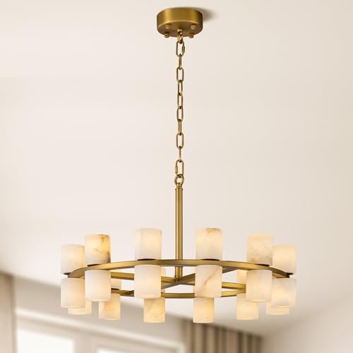 Alabaster Round Chandelier, Natural Spanish Stone Texture Chandeliers, D23.6in Round Chandeliers for Dining Room Small Chandelier Light Fixture for Kitchen Living Room Foyer Entryway Hallway (Brass) by Plsintly