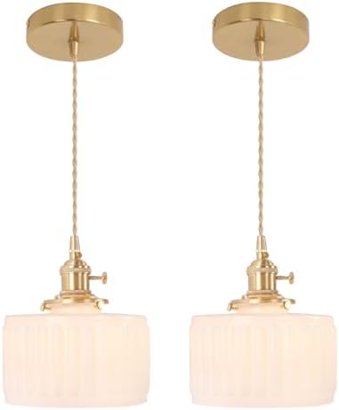 Shenmoyl Pendant Light 2 Pack with White Striped Glass Lmapshade, Brass Vintage Pendant Light Adjustable Hanging Light for Kitchen Island Dining Room Hallway by Shenmoyl