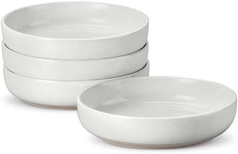 LIANYU Pasta Bowls Set of 4, 33oz Large Stoneware Salad Bowls, Wide and Shallow Serving Pasta Plates for Kitchen, Microwave and Dishwasher Safe, Snowy White by LIANYU