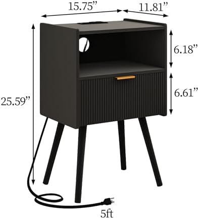JOONEE Black Nightstand with Outlet,Modern Bedside Table with Storage Drawer and Open Wood Shelf, for Living Room, Bedroom and Small Spaces, Accent Night Stand with Solid Wood Legs, Easy Assembly - Image 2