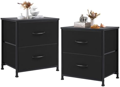DUMOS Nightstand Set of 2, Small Dresser with 2 Fabric Drawers Side Bedroom End Table Kids Bedside Storage Furniture for 25 inch Tall Night Stand for Closet, Entryway, College Dorm, Classic Black by DumosLifestyle