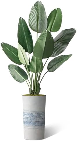 Artificial Tree in Blue Gray Industrial Line Pattern Planter, Fake Bird of Paradise Silk Tree for Indoor and Outdoor Home Decoration - 67" Overall Tall (Plant Pot Plus Tree) - Image 2