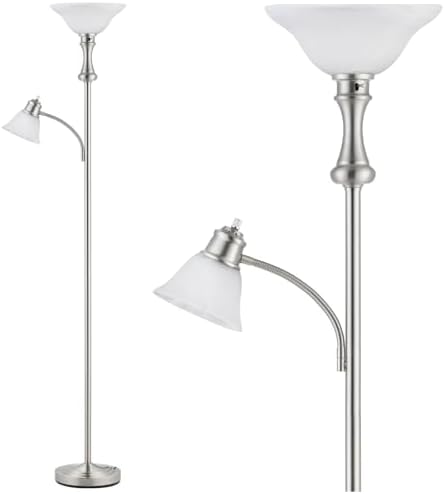 Torchiere Silver Floor Lamp with Adjustable Angle Reading Lamp-71IN by Leasgy